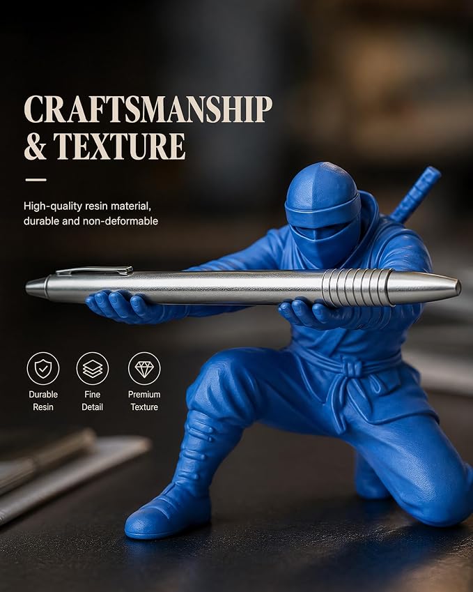 Ninja Pen Holder, 3D Printed Single Pencil Holder Display Stand, Cool Desk Organizers and Decor for Men, Birthday Gift, Father's Day, Office, Home (Blue)