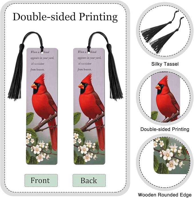 Cardinal Bird 5 Pcs Bookmarks Tree Branches Leaves Flowers Wooden Bookmarks with Tassel for Students Reader Teachers Book Lovers