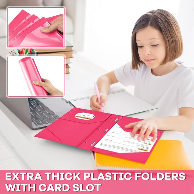 Henoyso 36 Pcs Plastic Folder with Clear Front Pocket and 3 Prong Plastic Folders with Card Slot Pocket Folders with Prongs for School Office (Rose Pink)