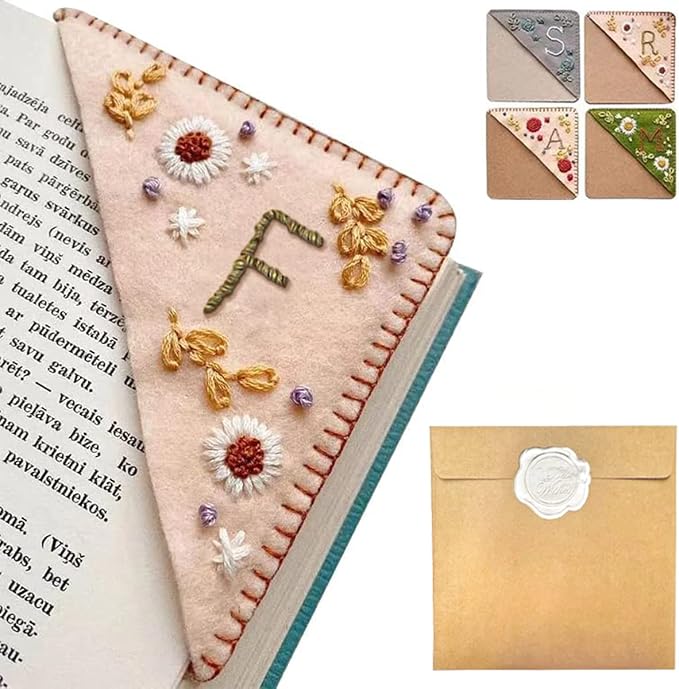 Personalized Hand Embroidered Corner Bookmark, 26 Letters Hand Stitched Felt Corner Letter Bookmark, Cute Flower Embroidery Bookmarks for Book Reading Lovers Meaningful Gift（Spring，F