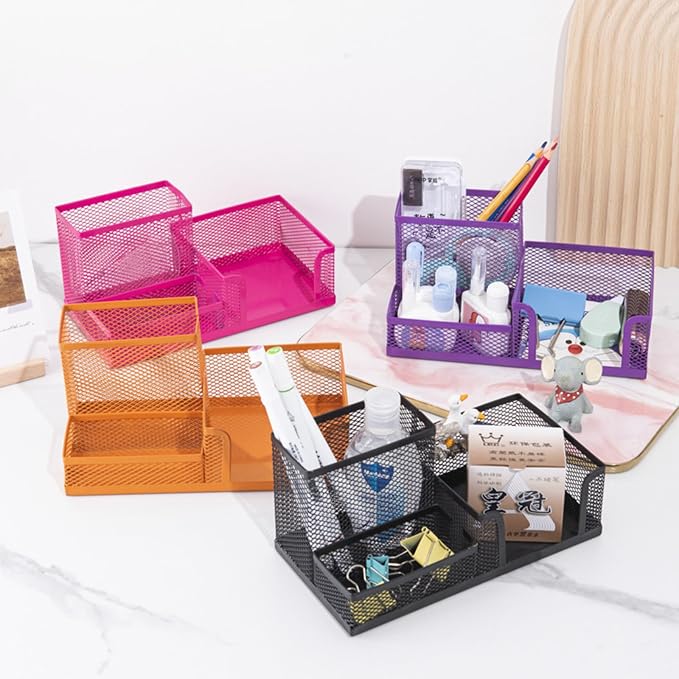 GZBABY Pen Holder Mesh Pencil Holder, Metal Desk Organizer with 3 Compartments, Desk Accessories and Workspace Organizer for School Home Office (Orange)
