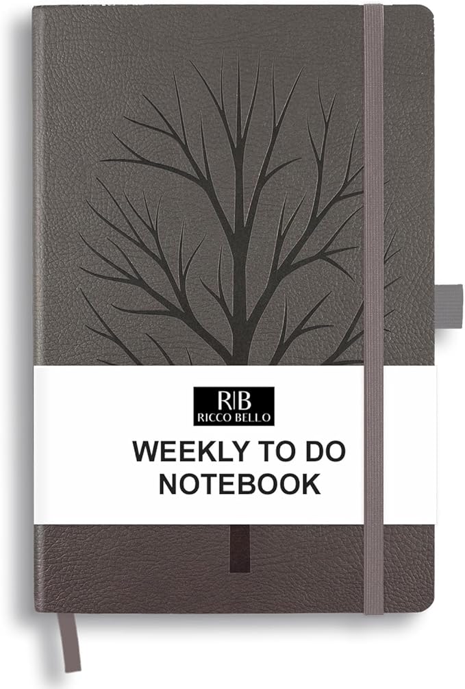 RICCO BELLO Undated Weekly Planner To Do Notebook | Faux Leather, Hardcover, for Work, School, Home with Pen Holder, Bookmark, Band Closure, Storage Pocket, 5.7 x 8.4 Inches (Tree)