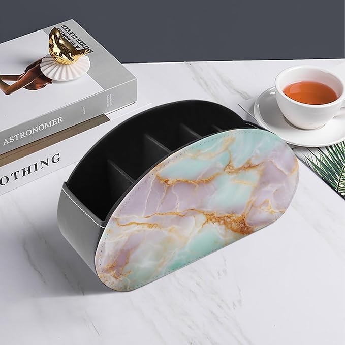 Pink Mint Lemon Marble Texture Remote Control Holder with 5 Compartments Leather TV Remote Caddy Remote Storage Box Desktop Organizer for Pen/TV Remotes/Media Controllers/Office Supplies
