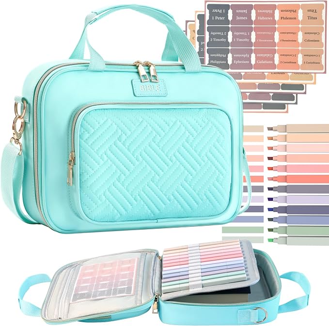 Bible Cover for Women Bible Case, Large Bible Bag, Bible Study Supplies Bible Journaling Kit Book Carrying Case with Bible Highlighters Tabs, Valentines Day Christian Gifts for Women (Blue)