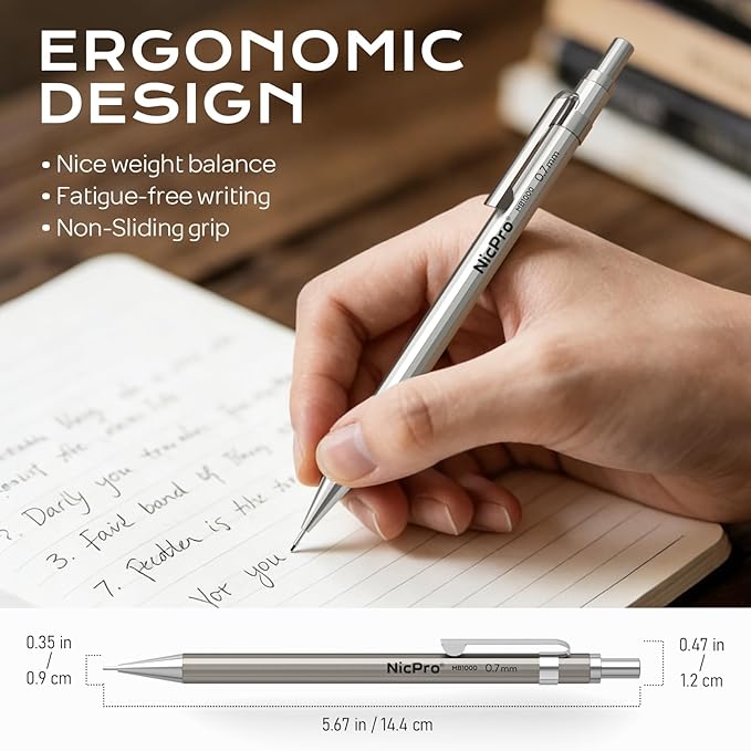 Nicpro 8 Pack Mechanical Pencil 0.7mm with Case, MB1000 Metal Mechanical Pencil Set with 6 Tube HB #2 Lead Refill 0.7 mm, 3PCS 4B Eraser, 9 Cap Eraser for Artist Drafting Writing, Sketching, Drawing