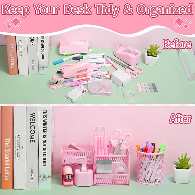 Comkrivy 1181 PCS Pink Desk Accessories for Women Office, Girls Desk Organizers and Accessories with Mesh Desk Organizer, Pen Holder, Stapler, Tape Dispenser, Scissors Women Pink Office Supplies Set