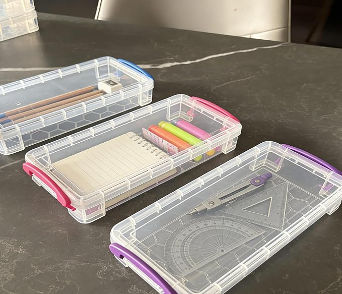 Clear Stackable Storage Containers with Colored Handles, 6 Pack Plastic Organization Boxes for Office Supplies, Art Materials, School Storage (blue) ((22 × 10 × 6.8 cm)*6 blue)