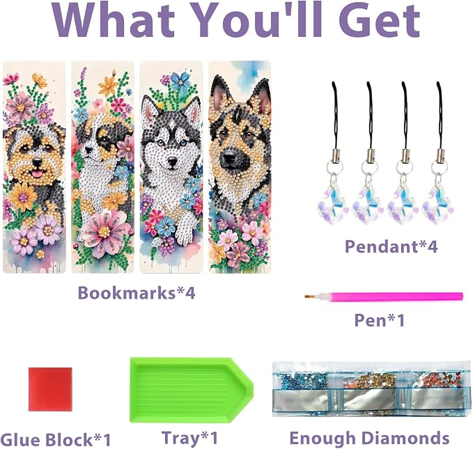Dog Diamond Art Bookmarks for Adults, 4 PCS Dog Diamond Painting Bookmarks with Pendant, 5D Gem Art Bookmark, Acrylic Bookmark DIY Crafts for Books Decor Gift