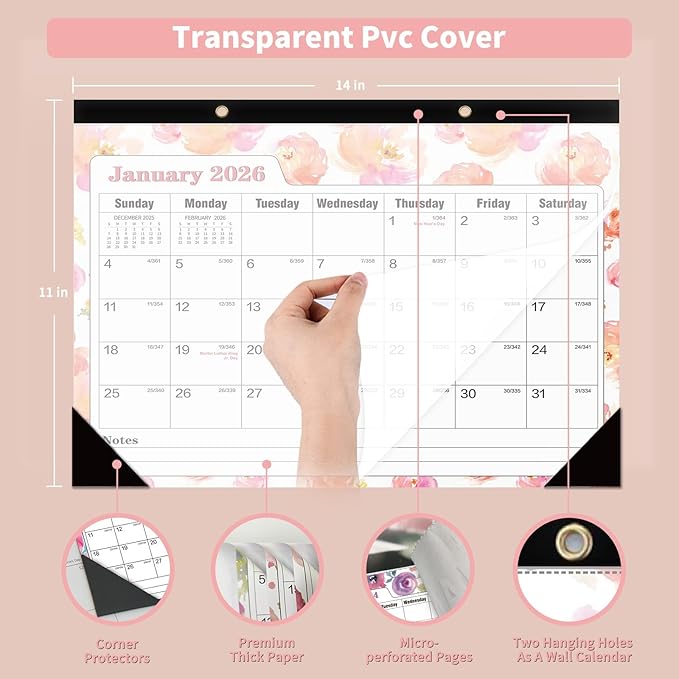 Ymumuda Desk Calendar 2026-2027 Wall Calendar 2 in 1, Monthly Desk Calendar 2026 from JAN.2026 to JUN.2027, 18-Month, Large 12"×17", Waterproof Cover, Hanging Rope, Home/office/School Planners