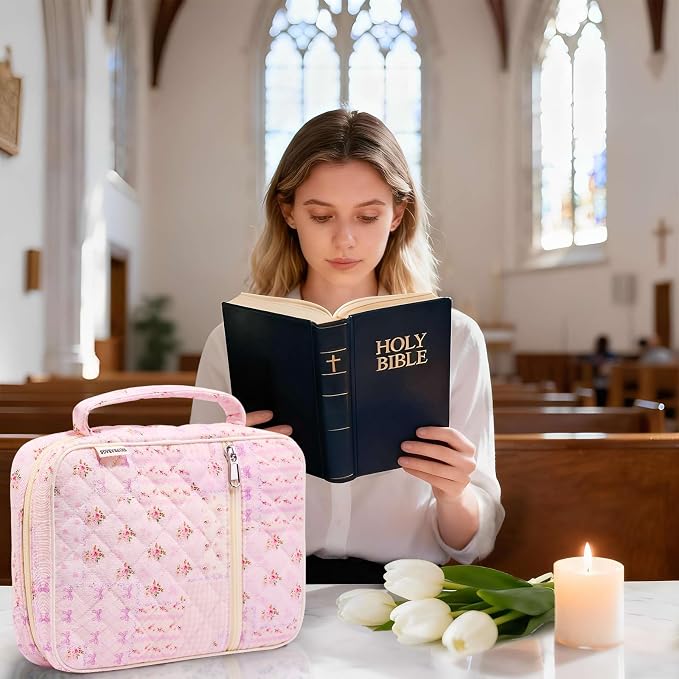 Quilted Bible Cover Case for Women with Bible Study Supplies Journaling Kit Floral Bible Bag Carrying Case with Pastel Highlighters Tabs, Women Christmas Christian Gifts (Purple Pin, M)