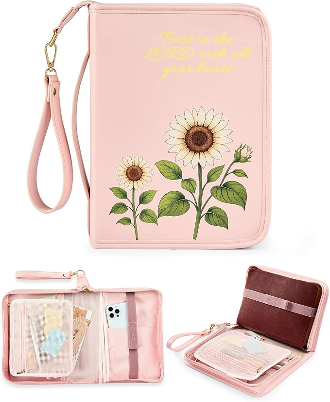 Bible Cover Case for Women, Large PU Leather Bible Bag with Multiple Pockets, Reinforced Handle and Wrist Strap, Zippered Organizer for Bible Study and Church, Gift for Her, Pink