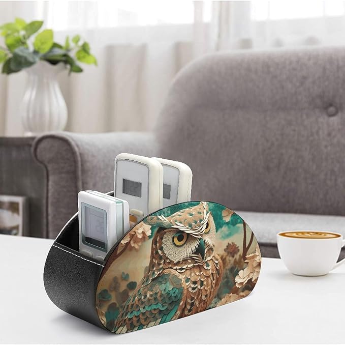 Owl Remote Control Holders Pu Leather TV Remote Holder with 5 Compartments Desktop Storage Organizers Remote Caddy Box for TV Remotes/Media Controllers/Office Supplies