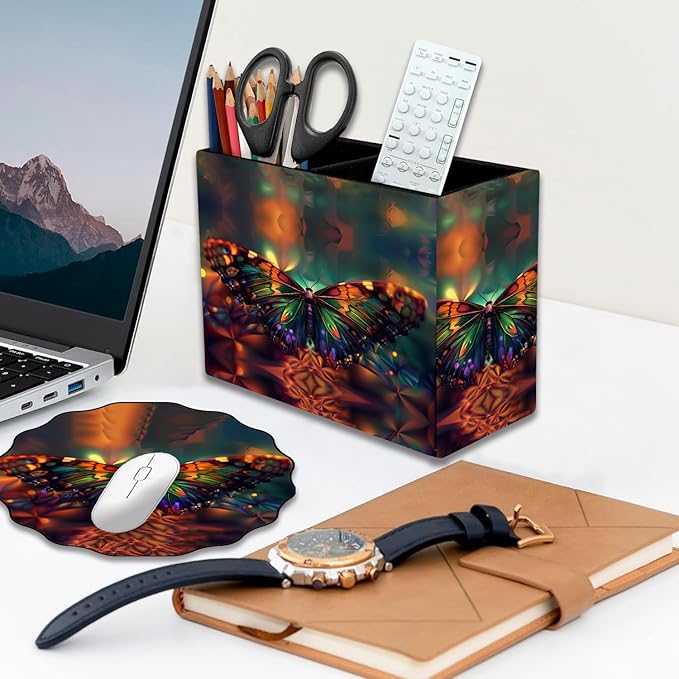 Pen Holder and Anti-Slip Mouse Pad Combination, Makeup Brush Storage Box, Tableware Storage Box, Suitable for Office and Home - Psychedelic Butterfly