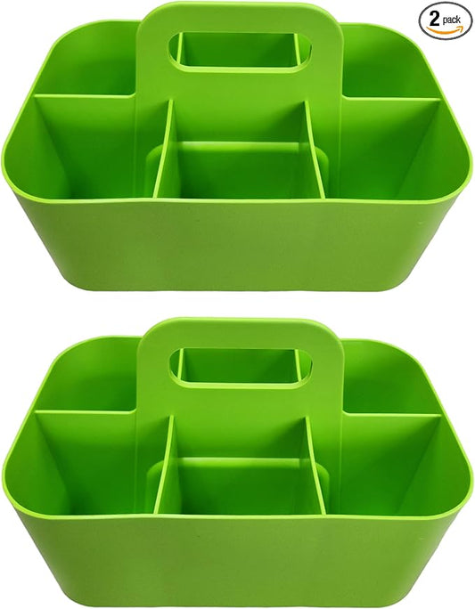 2 Pack Small 6 Compartment Multiuse Caddy Organizer with Handle Art Craft Supplies, Office, Desk, Stationery Pen Holder Stackable- Made In USA (Green)