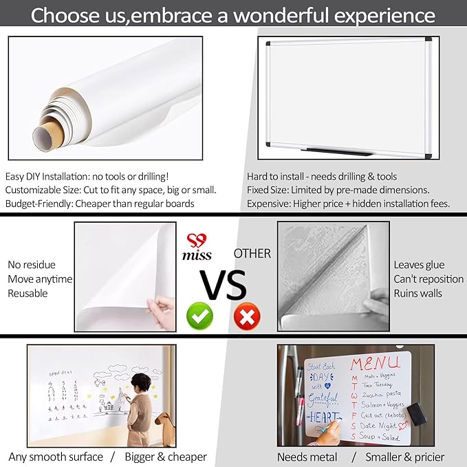 17.3"x393.7" White Board Paper Roll - Dry Erase Board Alternative,No Glue Static Cling White Board Sticker for Wall, Glass, School & Office | Easy-to-Install Portable Dry Erase Paper