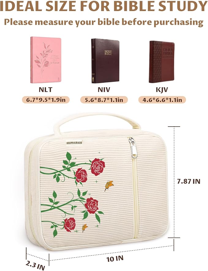 shirabags Bible Cover Case for Women, Corduroy Bible Bag Tote with Handles, Soft Floral Book Cover Large Size, Study Carrier Bag Case Christian Gifts for Women (red Rose, M)