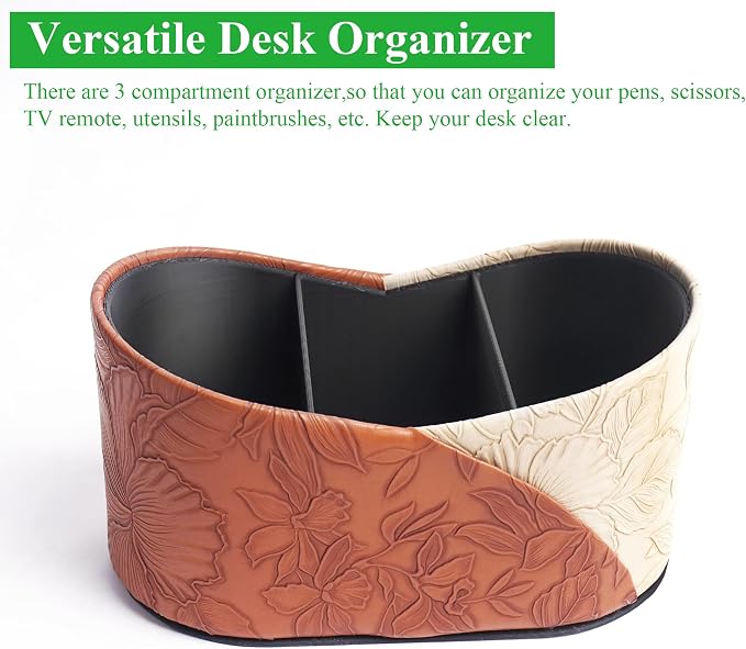 Two Leaves Shaped Leather Art Supply Organizer,Remote Control Holder,Multi-Functional Pencil Holder,3 Compartments Desktop Stationary Organizer(1-Brown)