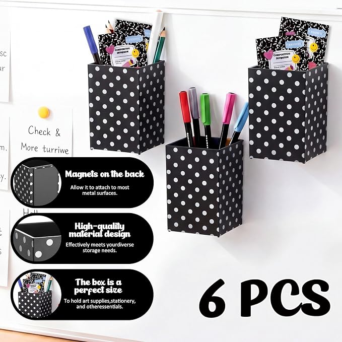 6 Pcs Black and White Classroom Decor Classroom Magnetic Storage Boxes Magnetic Storage Containers Plastics Pen Holder for Refrigerator Whiteboard Home Office School Organizer Supply
