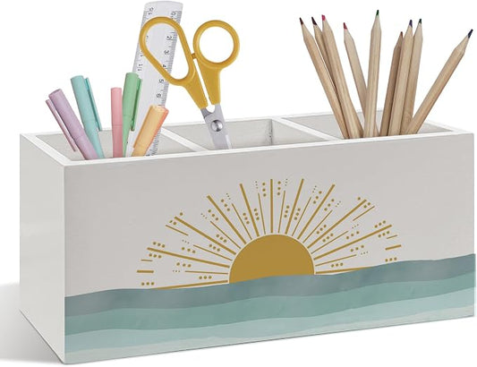 Boho Coastal Beach Pen Pencil Holder, Boho Desk Accessories, Abstract Seaside Sun Sunrise Wooden Pen Pencil Organizer for Home Bedroom Bathroom Desk Decor