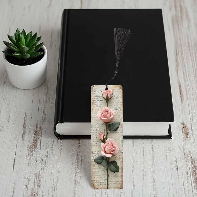 Pink Rose Bookmarks 5 Pcs Vintage Paper Romantic Flower Branches Wooden Bookmark with Tassels for Reading Book Lovers Gift Office School Readers Teacher