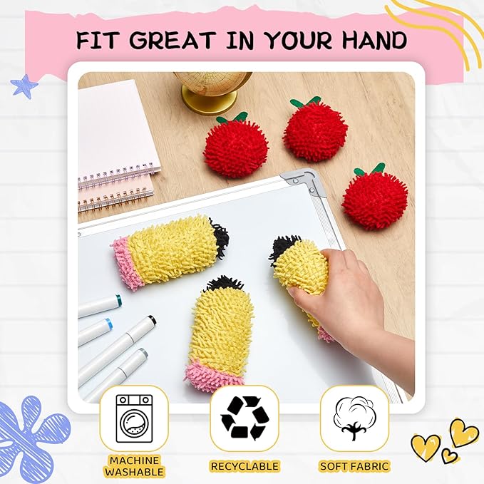 Wonderjune 6 Pcs Mini Dry Erase Erasers for Students Lap Boards Funny Apple and Pencil Shaped Washable Microfiber Shag Whiteboard Eraser for Kids Teacher Classroom Reward Gifts Decor Supplies