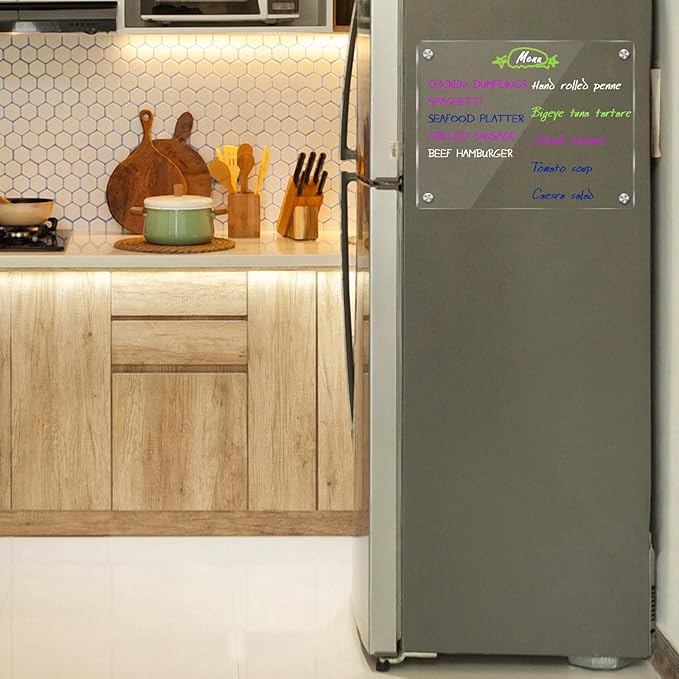 JonXon Acrylic Magnetic Dry Erase Board for Fridge 10"x14" Clear Acrylic Magnet Board for Refrigerator,Includes 6 Colors Magnetic Markers(Clear Blank)