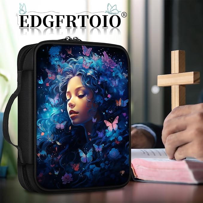 Bible Cover, Butterflies Girl Bible Case with Handle and Zippered Pocket Standard Size Holy Bible Bag Women Gifts, Church Bag Portable Bible Carrying Book Case for Bible Study