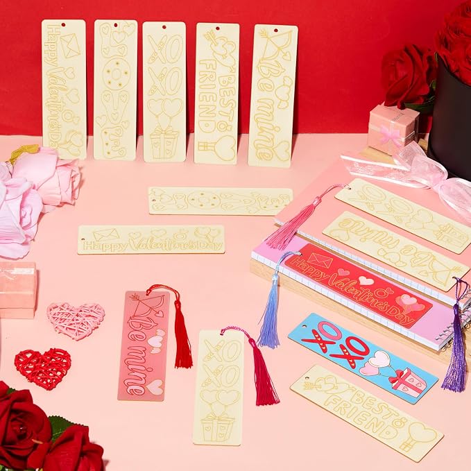 100 Pcs Valentine's Day Wood Bookmarks Bulk DIY Crafts Kit, 50 Set Blank Valentine Hearts Coloring Bookmarks with Tassel for Classroom Gifts Exchange Activity Reading Party Favor Reward Goodie Fillers