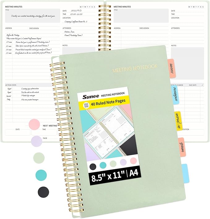SUNEE Meeting Notebook for Work with Sticky Tabs - 160 Pages, A4 Size Project Planner, Spiral Meeting Agenda/Minutes Notebook Organizer for Women Men, Note Taking, Office&Business,8.5"x11", Sage Green