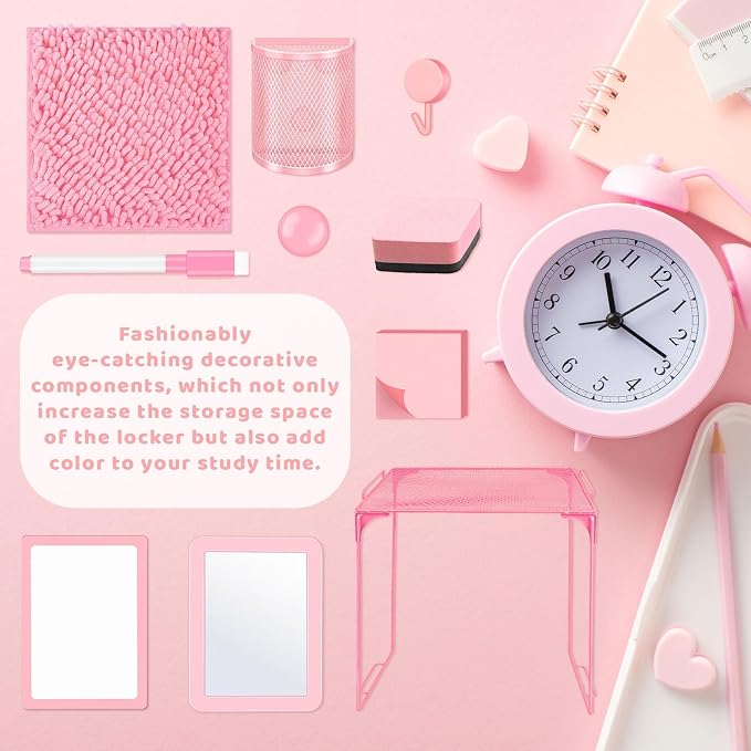 Demonwer Locker Accessories With Locker Shelf Locker Mirror Magnetic Pen Holder Sticky Note Whiteboard Mat Pink Locker Organizer for Work Mesh Metal Shelf Accessories Kit for School Office Supplies