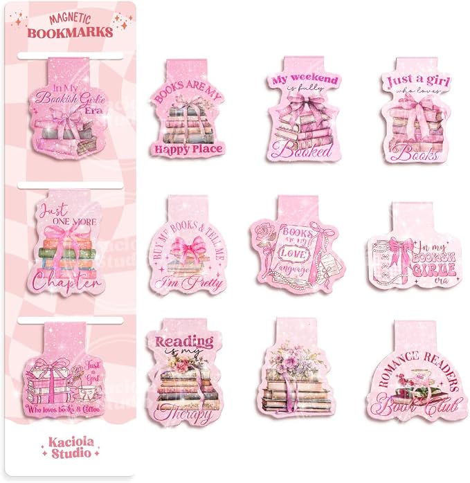 Kaciola Studio 12PCS Glittery Magnetic Bookmarks for Women, Pink Booklovers Theme Funny Magnetic Bookmarks, Magnets Cute Book Marks for Book Lovers Gifts, Cute Gifts for Booklovers Reader Girls