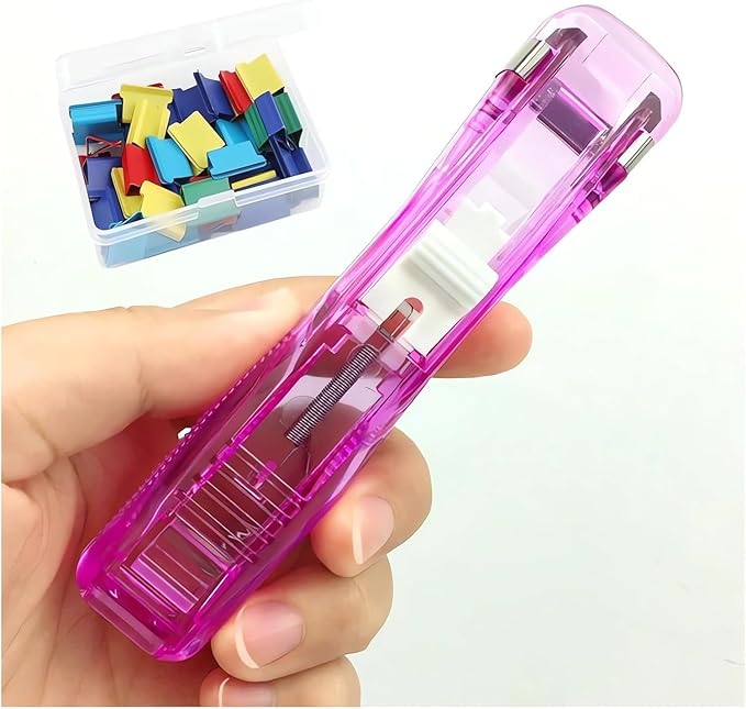 Portable Binder Clip Stapler - Desktop Push Stapler Binder Clips Paper Clamps Small Binding Office Supplies Handheld Stapler Staples Set Desk Paperclip Dispenser