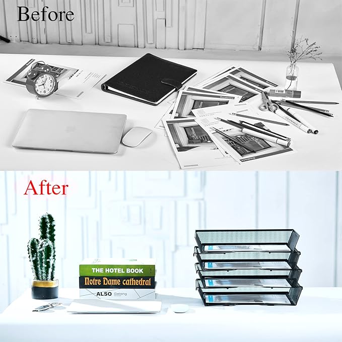 SETTFRFE 4 Tier Metal Mesh Desk Organizer-Stackable Paper Tray for Home, Office,School,Black File Storage System with Reinforced Edges