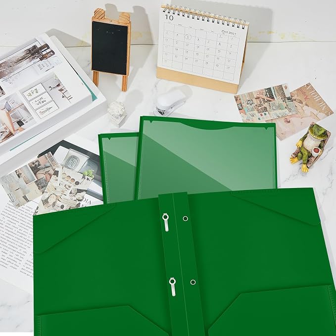 Henoyso 18 Pcs Plastic Folder with Clear Front Pocket and 3 Prong Plastic Folders with Card Slot Pocket Folders with Prongs for School Office (Dark Green)