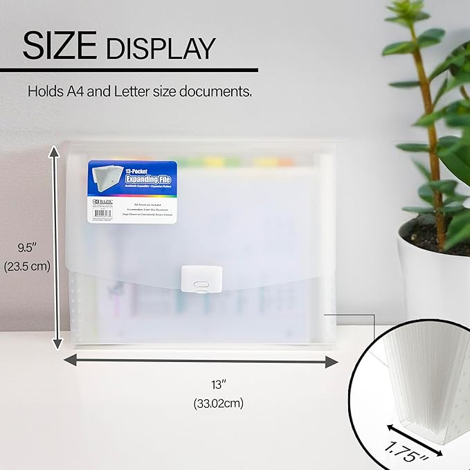 BAZIC Products Translucent 13-Pocket Letter Size Poly Expanding File