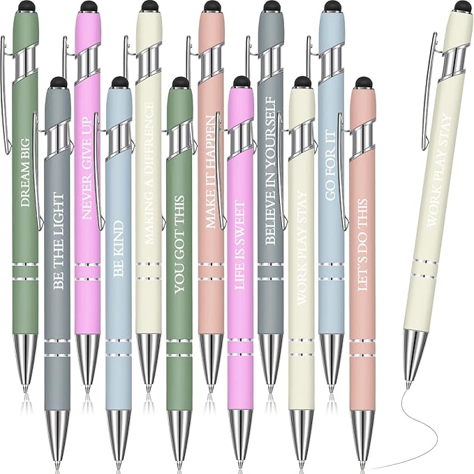 Zonon 12 Pcs Inspirational Pens Gift Set Funny Ballpoint Pen with Stylus Tip Motivational Graduation Gifts Bulk for Teacher Coworkers Nurse School Office Supplies(Morandi,Motivational Style)