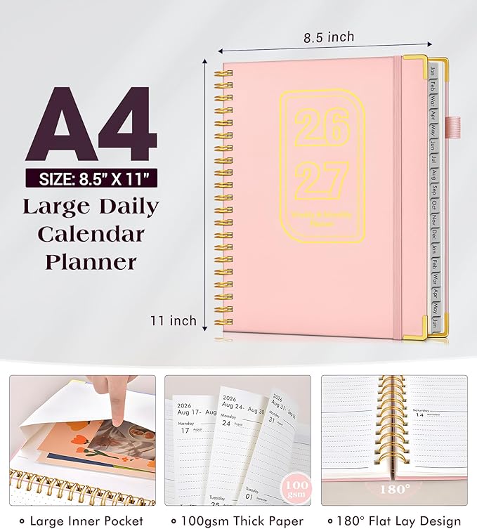 Planner 2026-2027, 18 Months Weekly and Monthly Hardcover Planner, January 2026 - June 2027, 8.5" x 11" A4 Large Daily Calendar Planner Book with Tabs, Spiral Yearly Agenda Organizer Notebook for School Work Home, Pink