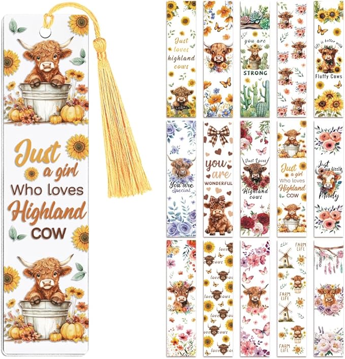 Peacoblue 30pcs UV DTF Bookmarks Transfer Stickers Wraps Highland Cow and Sunflowers for Women Men Reading, Waterproof Bookmarkers Decal(No Blank Bookmarks) for Acrylic Plastic Metal Blank Bookmark
