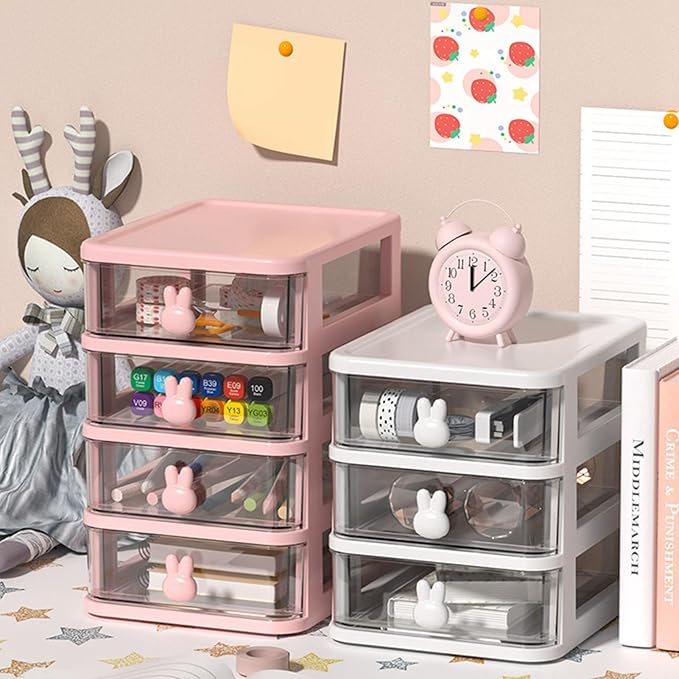 Plastic Desktop Storage Box Drawers, Stackable Desk Organizer with Bunny Handle Desktop Drawers Multi Tier for Office School(Clear) (White Three Layers)