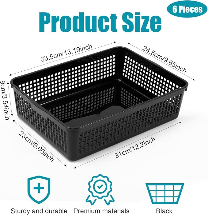 6 Pack Turn in Trays Classroom, A4 Size Plastic Paper Storage Tray, Paper Trays for Classroom, Plastic Storage Baskets for Library, Drawers, Home, Office, Bathroom, Kitchen(Black)