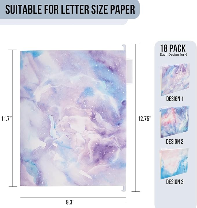Y YOMA 18 Pack Decorative Hanging File Folders Letter Size Marble Cute Hanging Folder Pretty File Folder Organizer for Filing Cabinet Office Home with 1/5-Cut Adjustable Tabs, 3 Pink Nebula Design