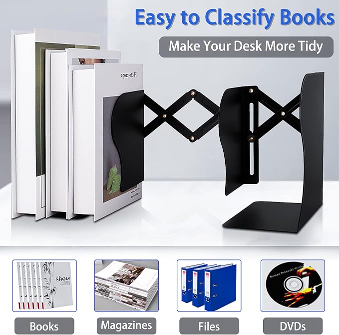 Non Skid Book Ends to Hold Books, Carooyac Metal Adjustable Book Ends Decorative Bookends for Home Office, Heavy Duty Kids Bookshelf Magazine Holder Book Organizer for Desk