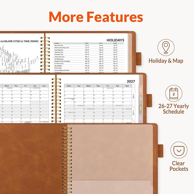 SUNEE 2026-2027 Weekly & Monthly Planner 9"x11.2" - 12 Month (July 2026 - June 2027), Vegan Leather Cover Planner Academic Year Calendar, Pocket, Notes, Monthly Tab, Brown