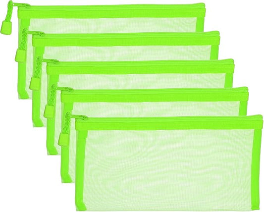 PATIKIL B6 Mesh Zipper Pouch Bags, 5 PCS Mesh Bags with Zipper Plastic Storage Pocket for Organizing File Beads Office Home Supplies, 11.5x23cm, Green