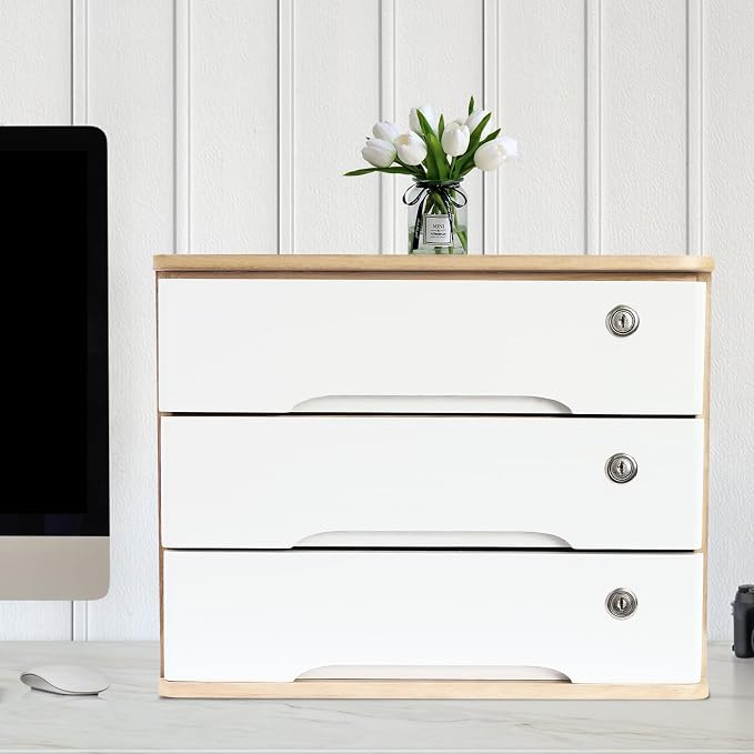 Wooden Desktop Storage Box with Lockable Drawers, Flat File Cabinet Drawer Desktop Storage Box, Countertop Storage Cabinet for Office Home Toiletries Supplies Vanity (natural wood+white, 3 Drawer)