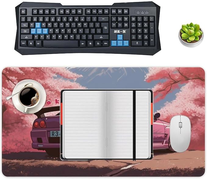 Car Large Mouse Pad Gaming Mousepad Japanese JDM Car R34 Pink Cherry Tree Anime Desk Mat for Keyboard and Mouse Mat Non-Slip Rubber Desk Pad 40X75cm, Style