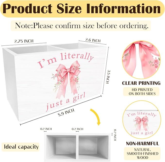 Pink Rose Coquette Bow Pen Holder for Desk, Preppy Girly Bow Pencil Organizer, I'm Literally Just a Girl Wooden Box Sign Desk Decor for Girls Bedroom Dorm Home Office Decoration