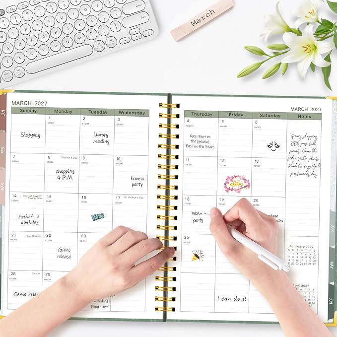 GuassLee Large 2026 Academic Planner, Weekly and Monthly Planner from July 2026-June 2027, 8.5"x 11" Aesthetic Greenery Agenda Book with Back Pocket, Stickers, Coated Tabs, A4 Size