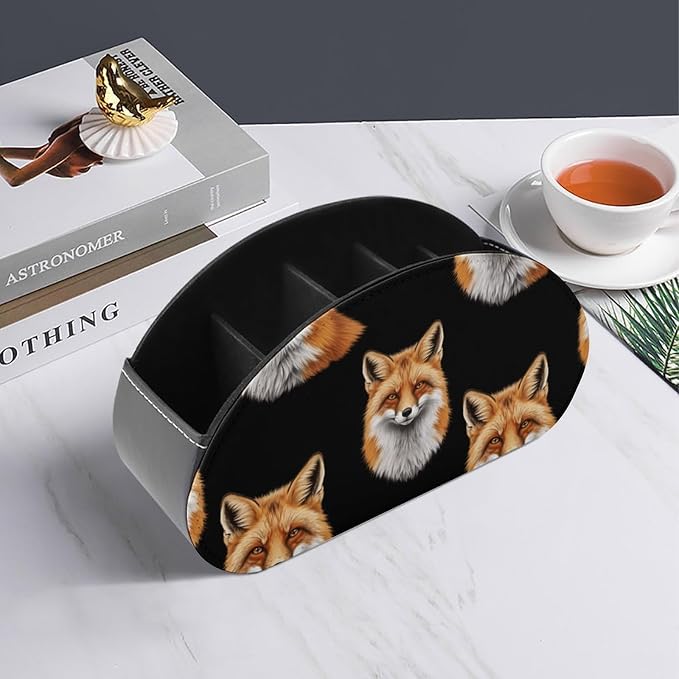 Desktop Remote Control Holder, 5-Compartment PU Leather Organizer for TV, DVD, and Bedside Table Storage, Animal Fox Art