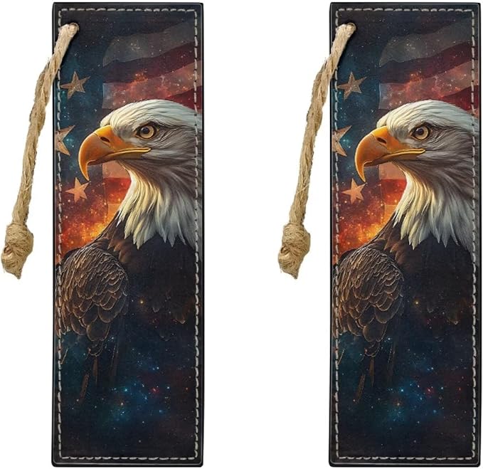 Leather 2 Pieces Bookmark for Men Women Book Lovers Ideal for Birthday Present, Eagle with Flag Leather Bookmarks for Women Teacher